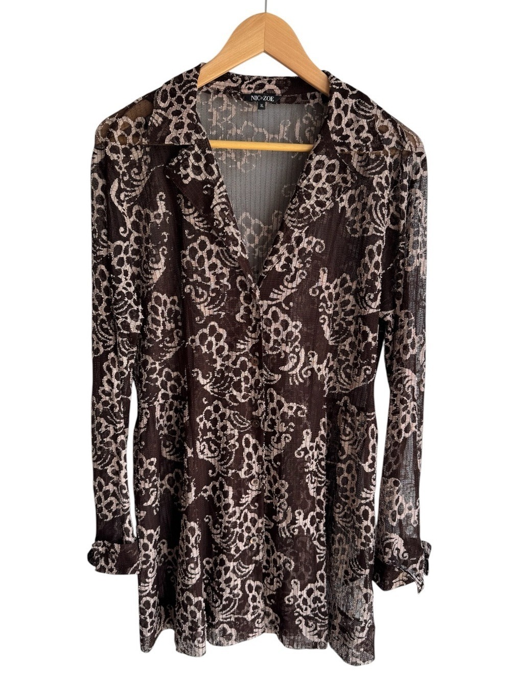 Nic+Zoe Longline Sheer Lace Cardigan Sz XL Brown Floral Artsy Boho Earthy Tunic